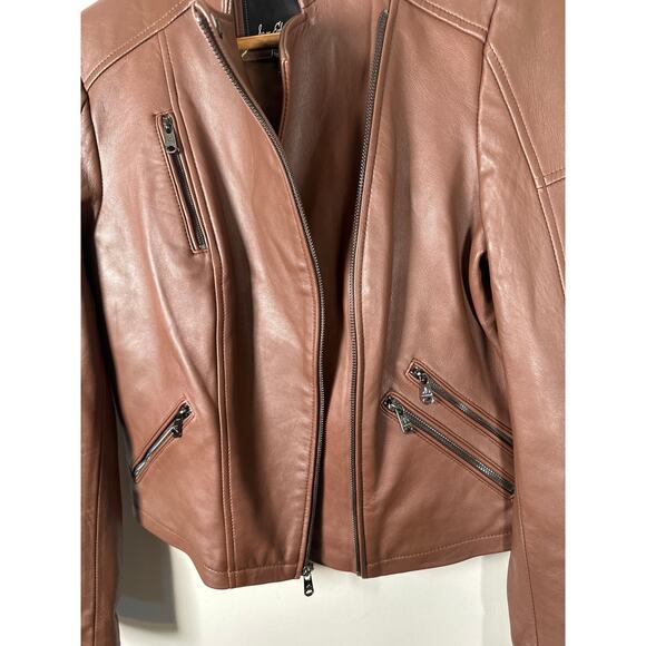 Sam Edelman Brown Lambskin Leather Zip Up Moto Jacket Womens Size S - Picture 7 of 11
